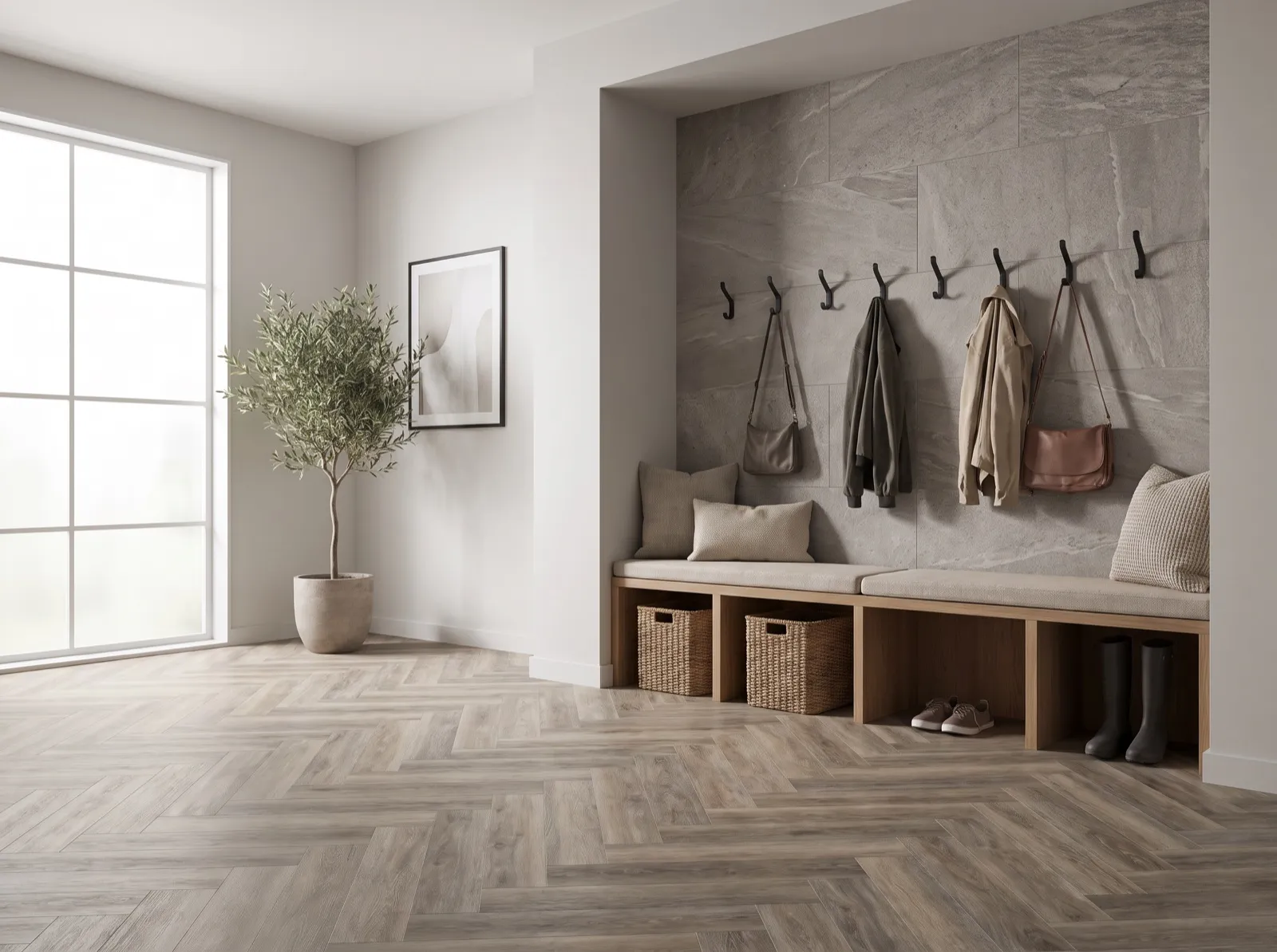 Stone look vinyl plank flooring entryway