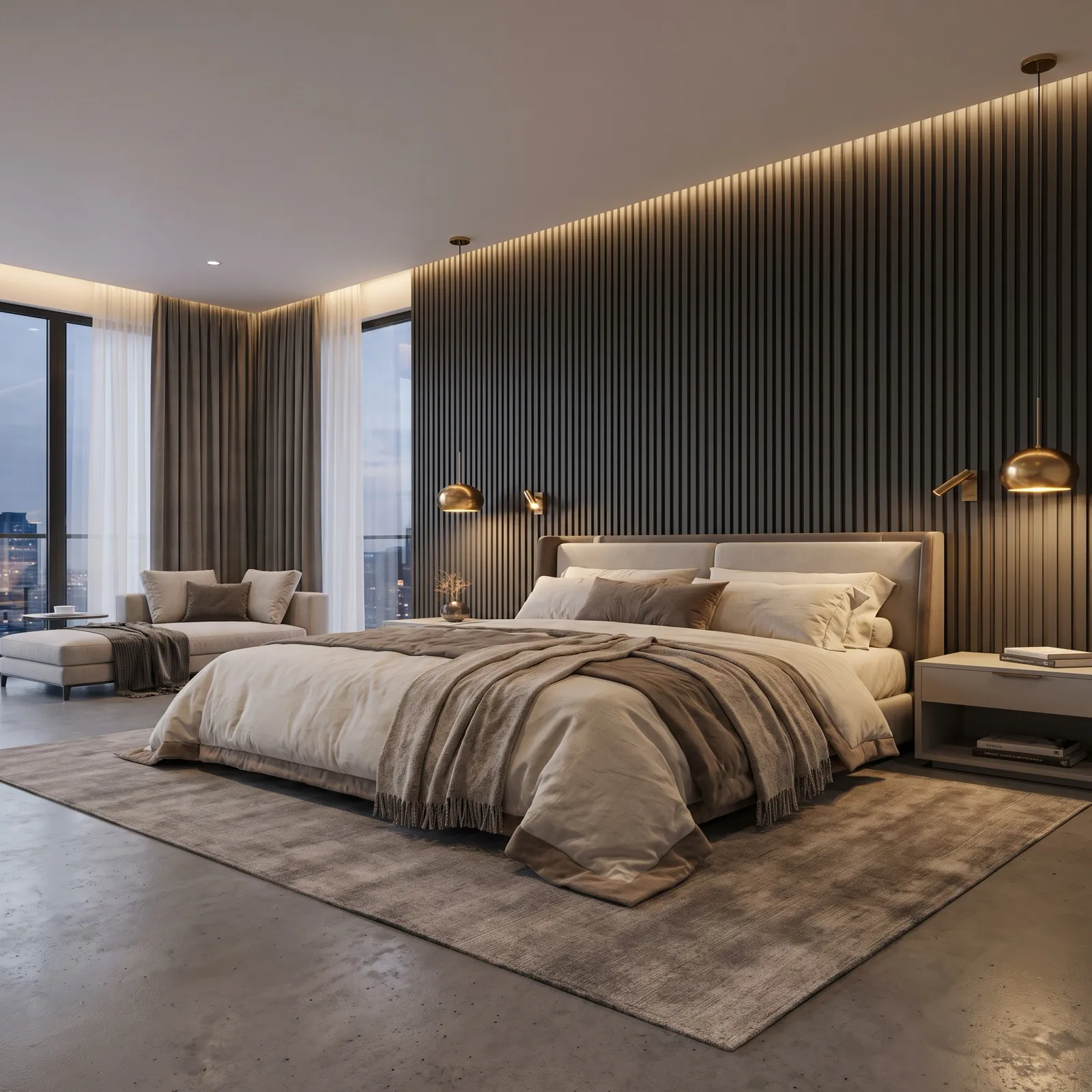 Luxurious master bedroom interior, floor-to-ceiling dark charcoal grey WPC fluted ribbed wall panels creating a sophisticated architectural headboard feature wall