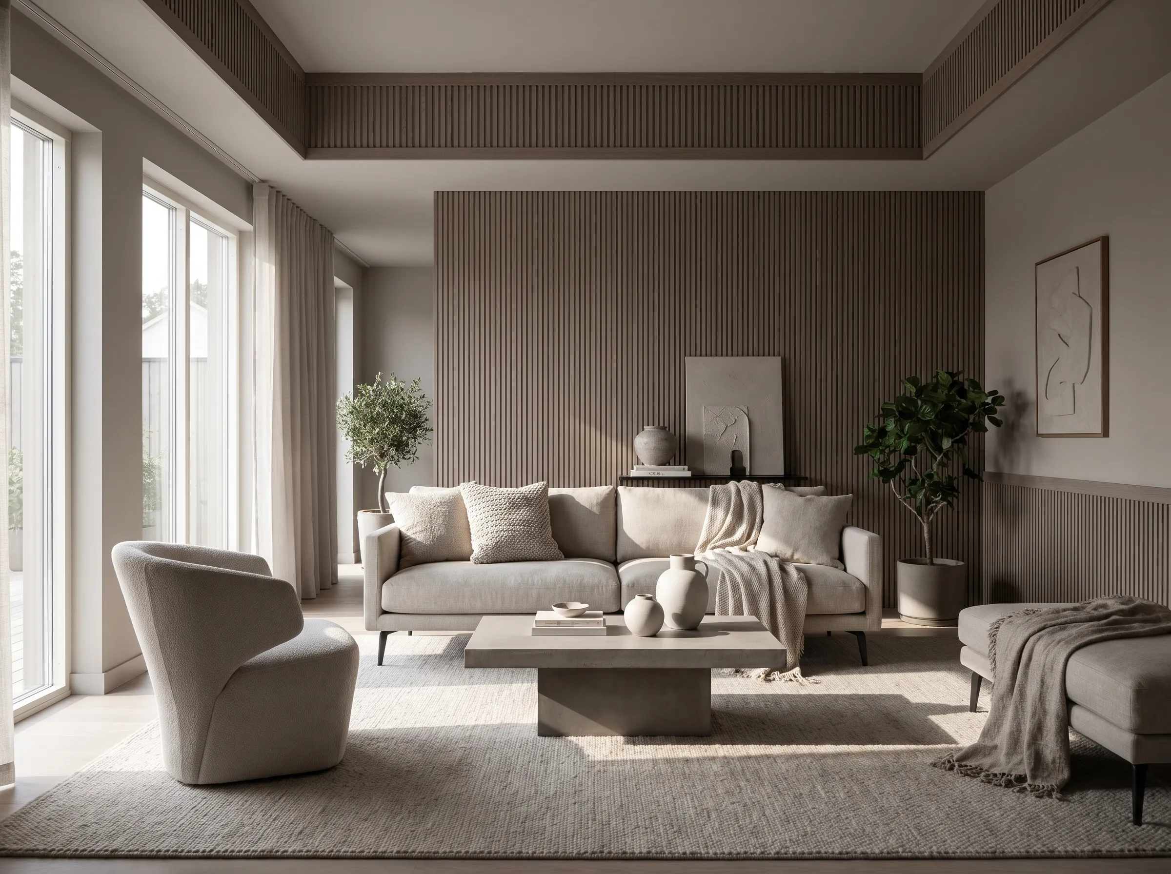 Modern living room with warm grey WPC wall slats and ceiling wainscoting