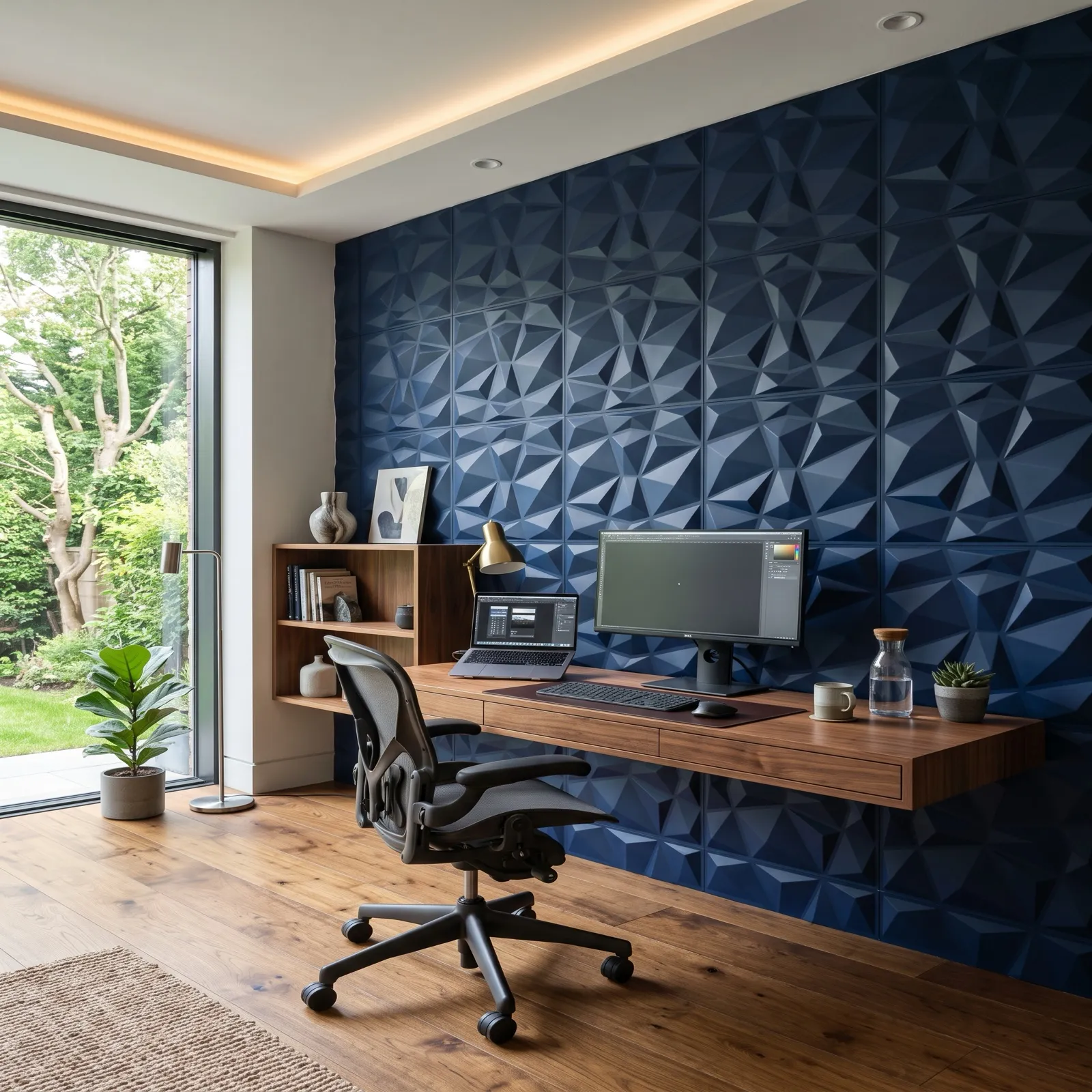 Deep navy blue geometric raised-panel decorative wall panels in modern home office