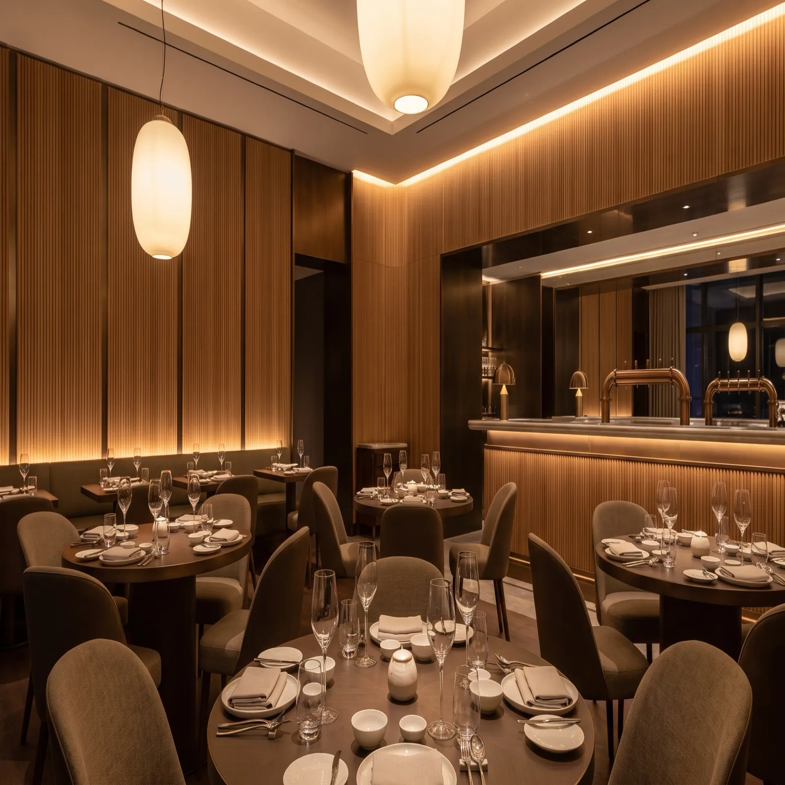 Upscale restaurant interior with warm-toned WPC fluted wall panels and ambient lighting