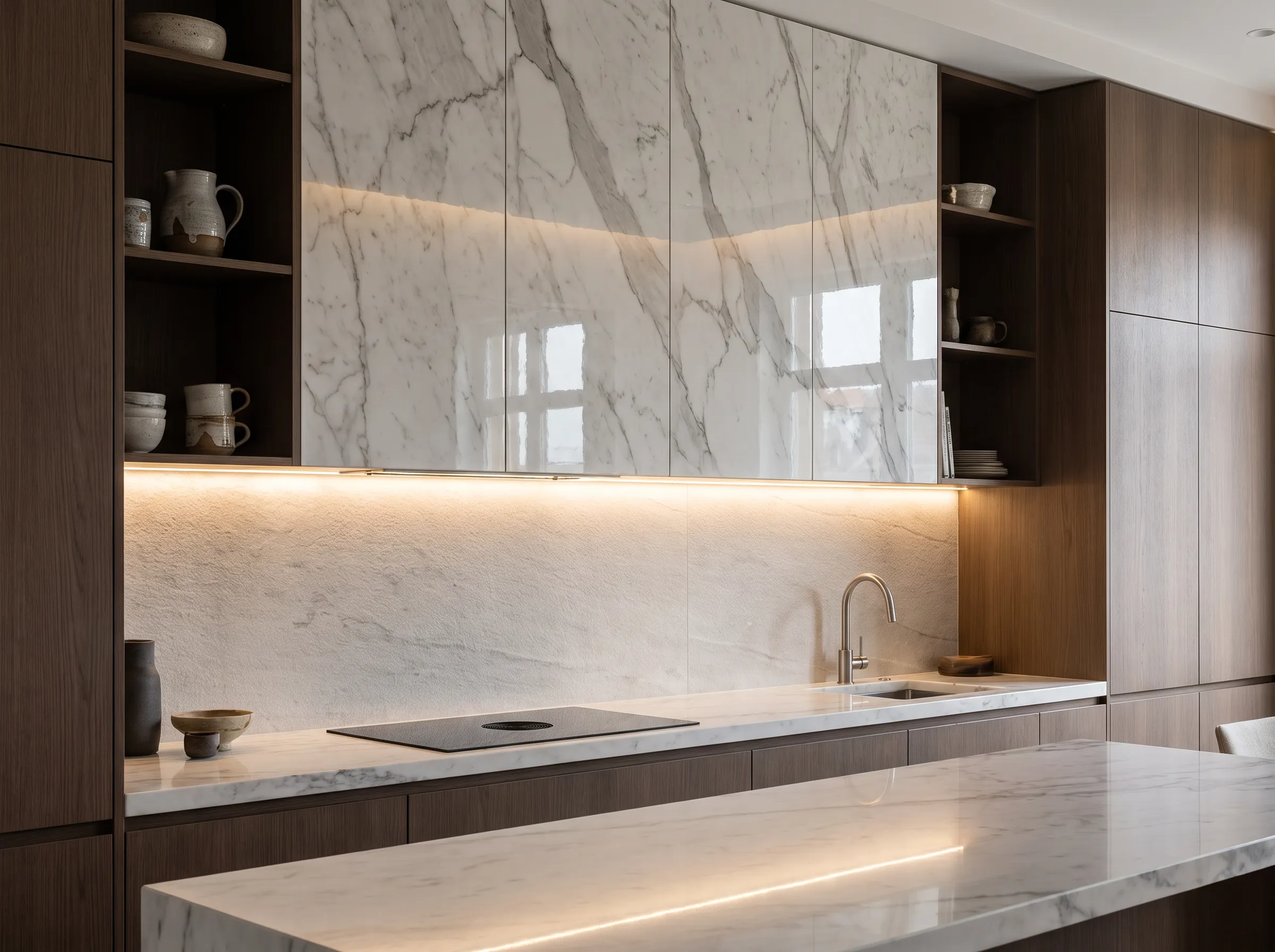 Modern kitchen with UV marble-effect panel backsplash