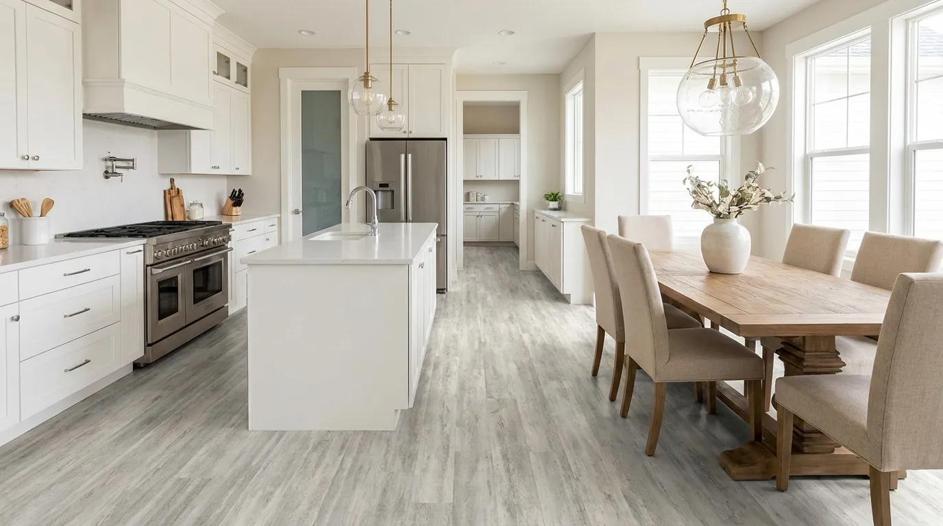 Luxury vinyl plank flooring in open kitchen and dining area