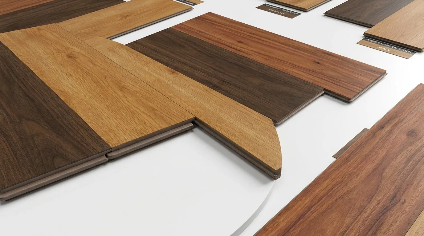 Luxury vinyl plank flooring click-and-snap display samples in oak, walnut, and exotic wood tones