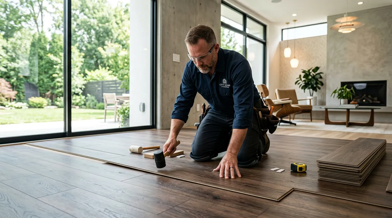 Contractor installing snap and click flooring