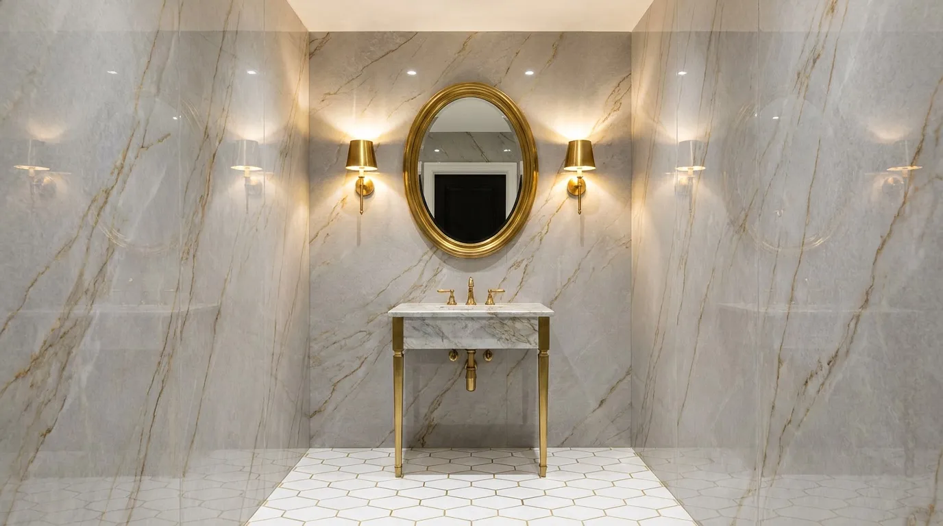 Grey and gold veined UV marble in a glamorous powder room with brass fixtures