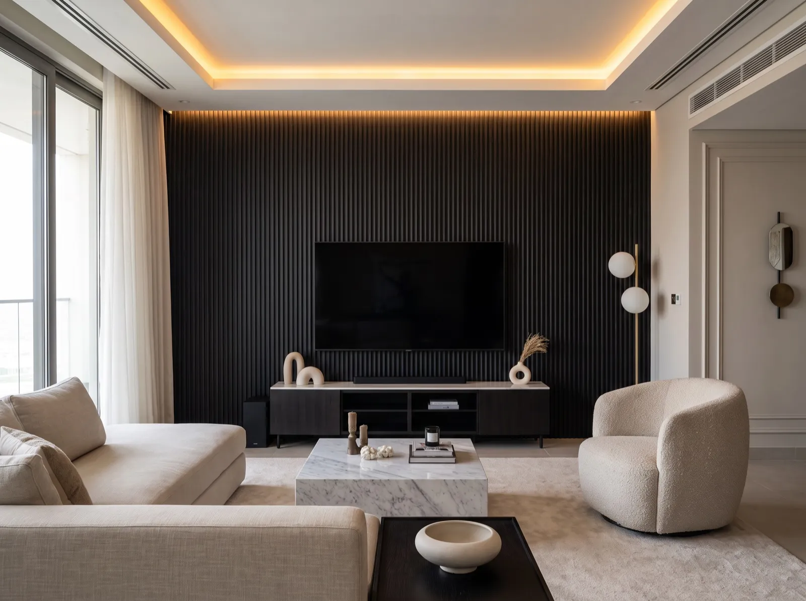 WPC black fluted panel basement rec room