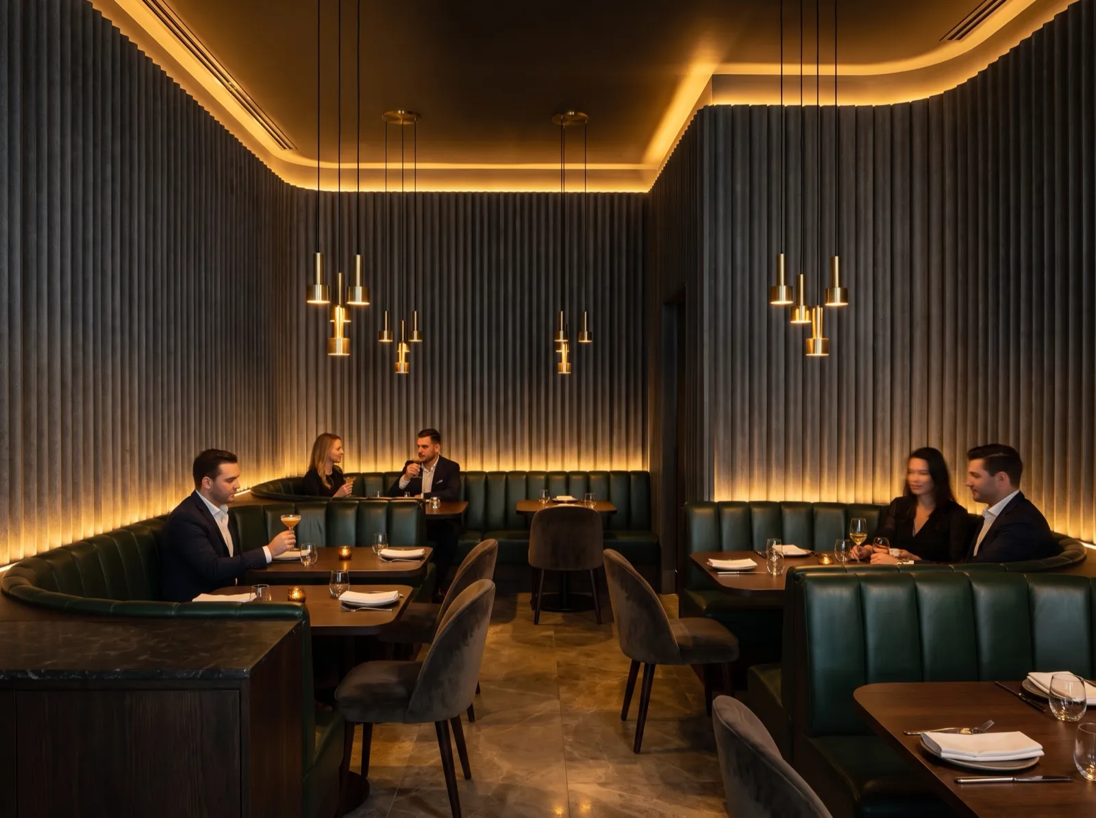 WPC charcoal fluted panels restaurant wall