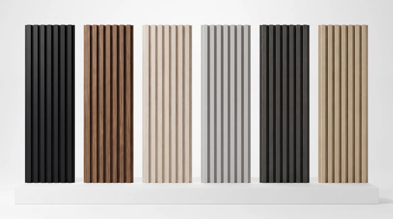 Sample of WPC fluted panel finishes showing a variety of solid and wood-tone colors