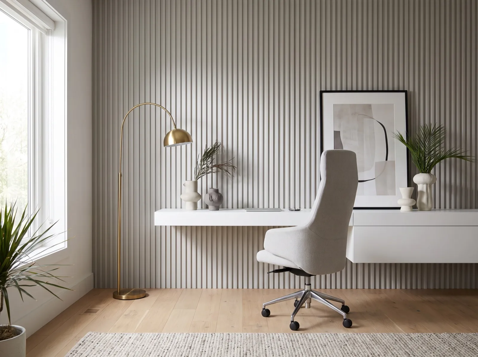 WPC grey fluted panels home office wall