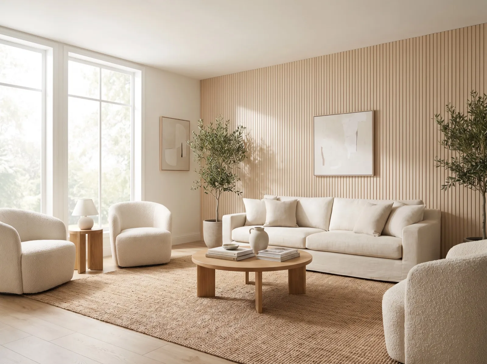 WPC fluted panels living room accent wall in light oak