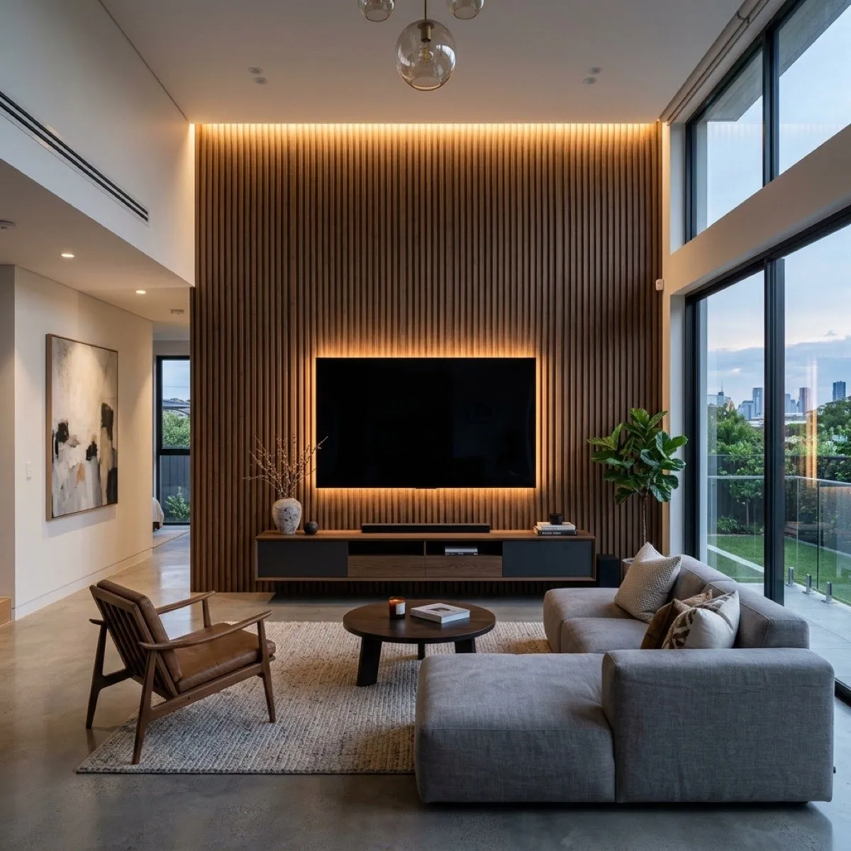 Luxury living room with WPC fluted panel accent wall