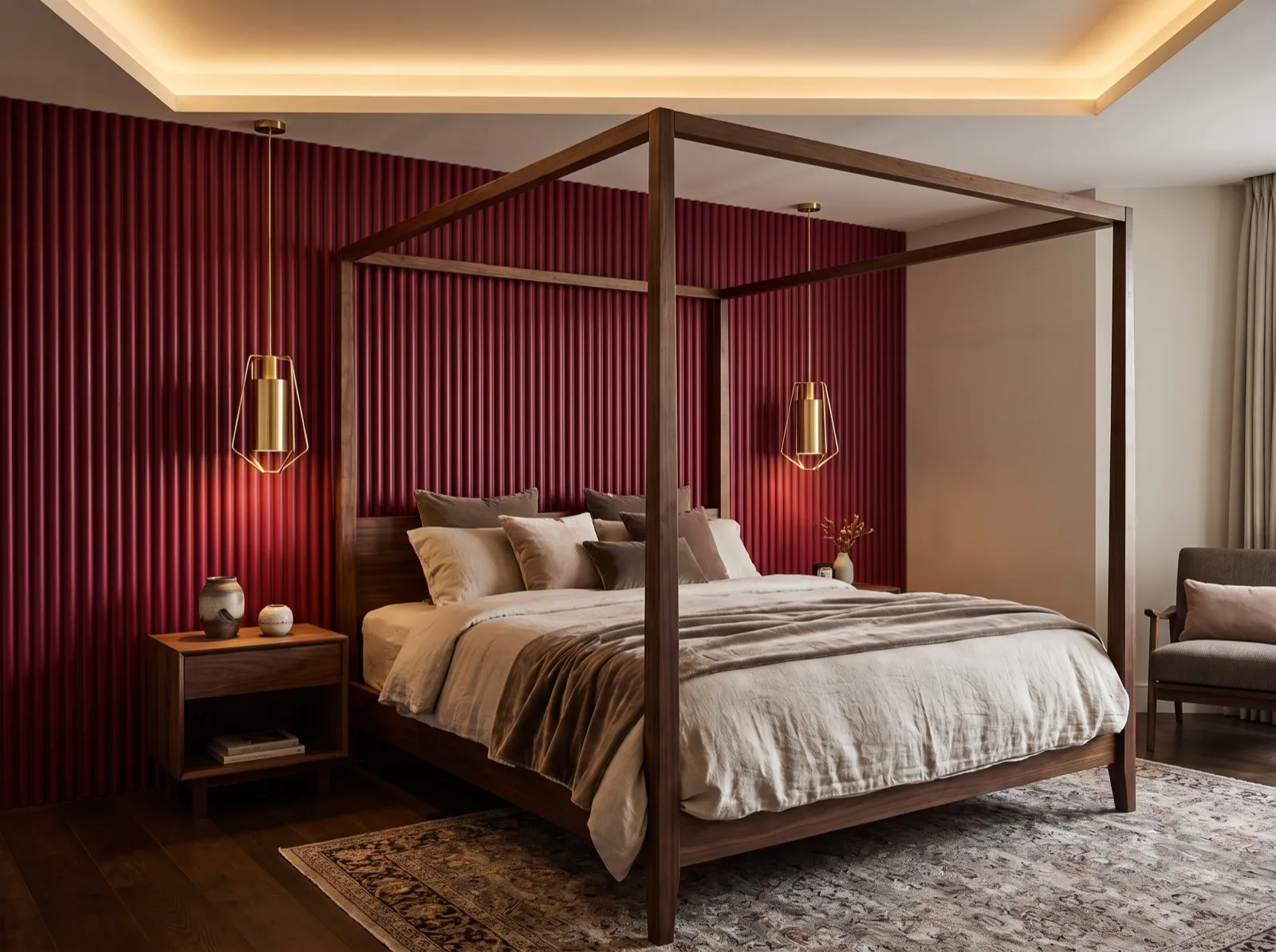 WPC red fluted panel bedroom headboard wall