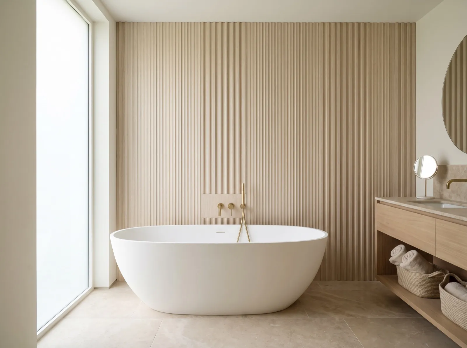 WPC white oak fluted panel bathroom feature wall